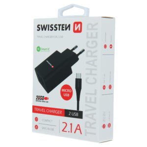 SWISSTEN TRAVEL CHARGER SMART IC, CE WITH 2x USB 2,1 A POWER BLACK + DATA CABLE SWISSTEN USB / MICRO USB 1,2 M BLACK